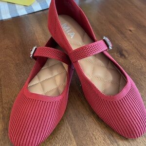MIA Coral-Red Knit Mary Jane Flats with Silver Buckle
